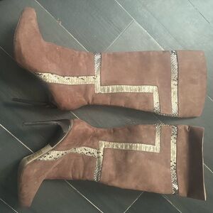 Brown Knee-High Boots with Snakeskin Accents